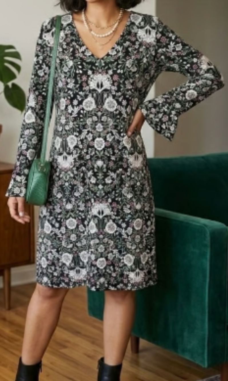 J Jill Wearever black floral stretch knit dress Size Med Travel Boho Garden
